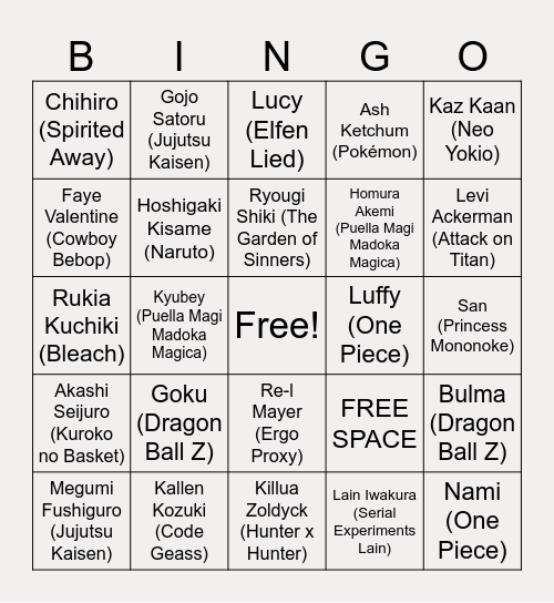 Anime Lounge Bingo Card