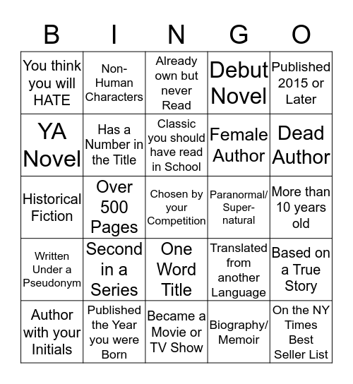 C & E Book BINGO Challenge Bingo Card