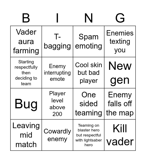 Battlefront HvV Bingo Card