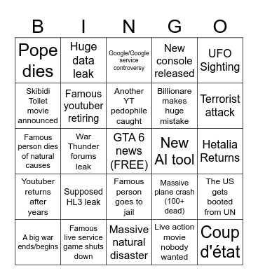 2025 World Events Bingo Card