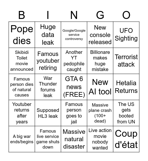2025 World Events Bingo Card