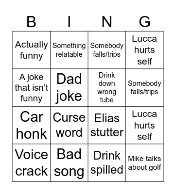 Dinner Bingo Card