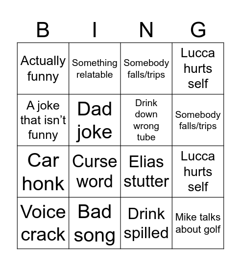 Dinner Bingo Card
