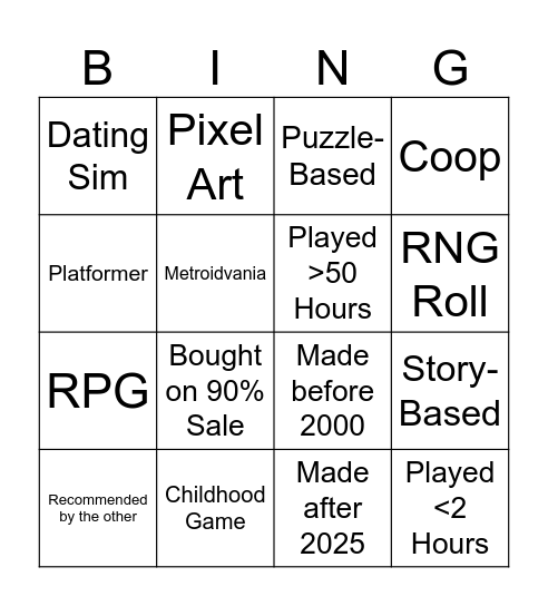 Game Bing! Bingo Card
