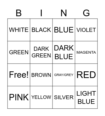 COLORS! Bingo Card