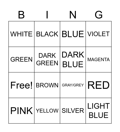 COLORS! Bingo Card