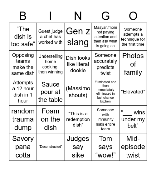 Top Chef Bingo Card