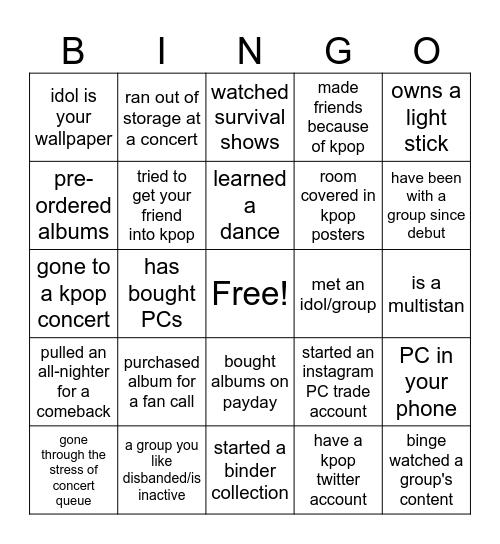 KPOP NABI BINGO!!! Bingo Card