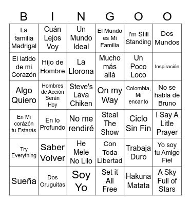 Disney Latin songs Bingoo Bingo Card