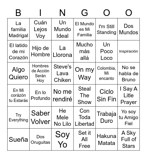 Disney Latin songs Bingoo Bingo Card