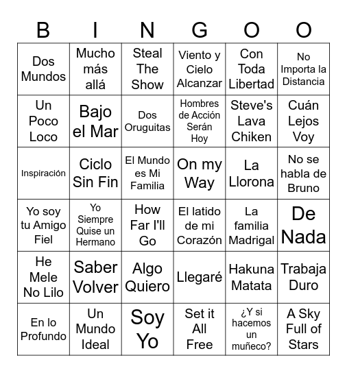 Canciones de Disney  Bingoo Bingo Card