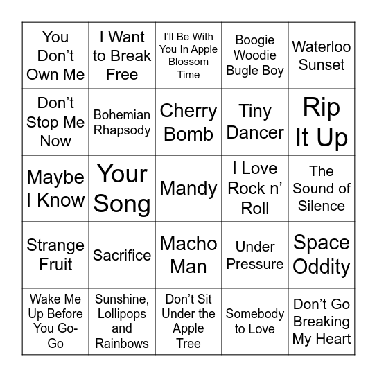 Music Bingo Through the Years Bingo Card