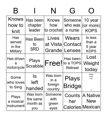Get Acquainted With TOPS Frieds Bingo Card