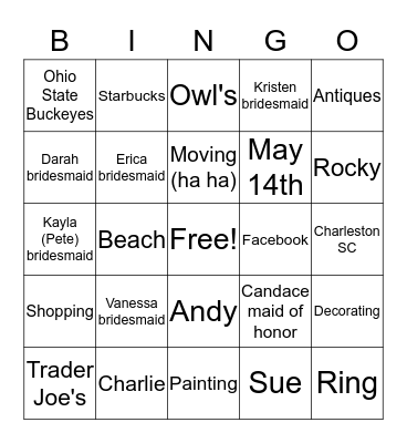 RACHAEL'S BRIDAL SHOWER Bingo Card