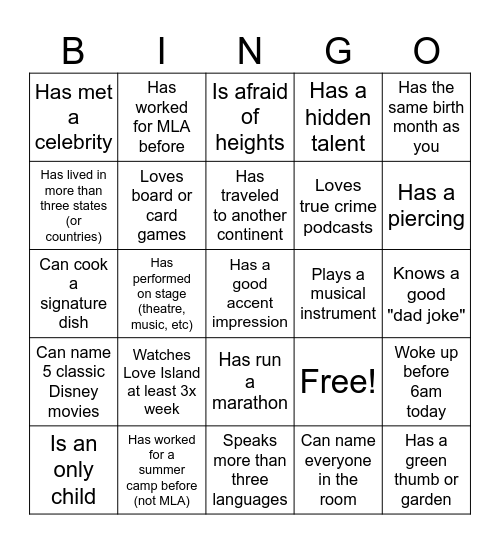MLA Los Angeles Bingo Card