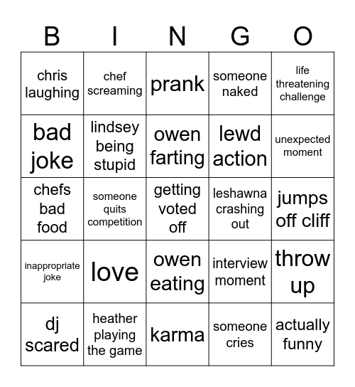 total drama island Bingo Card