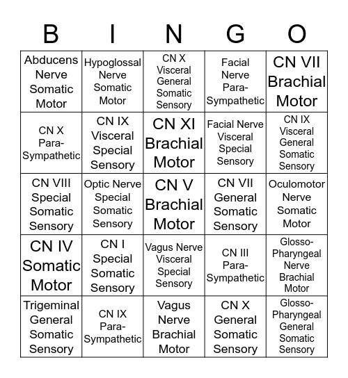Cranial Nerve Bingo Card