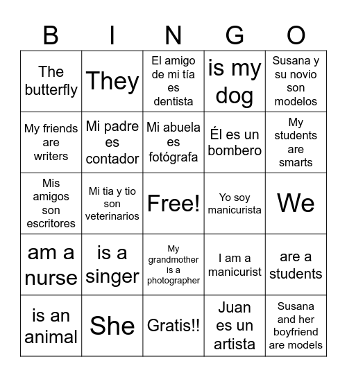 El verbo SER = To Be Bingo Card