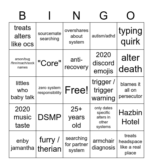 DID cringe Bingo Card