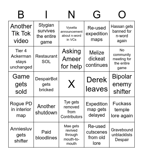 Despair 2 Bingo Card Bingo Card