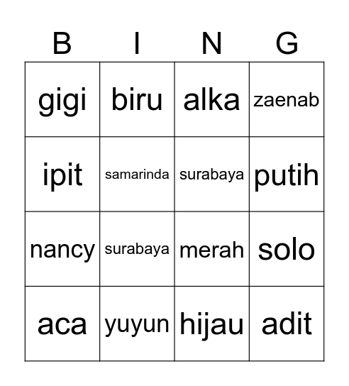 TIM H Bingo Card