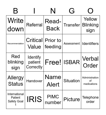 Patient Safety Bingo Card