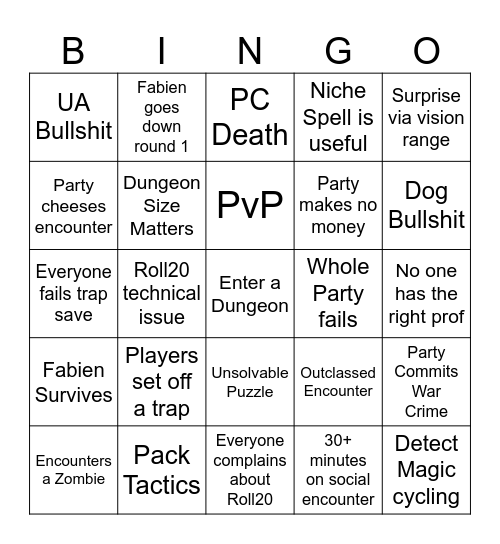 Mad Mage Session One Bingo Card