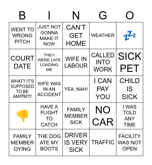 Driver's Excuse Bingo Card