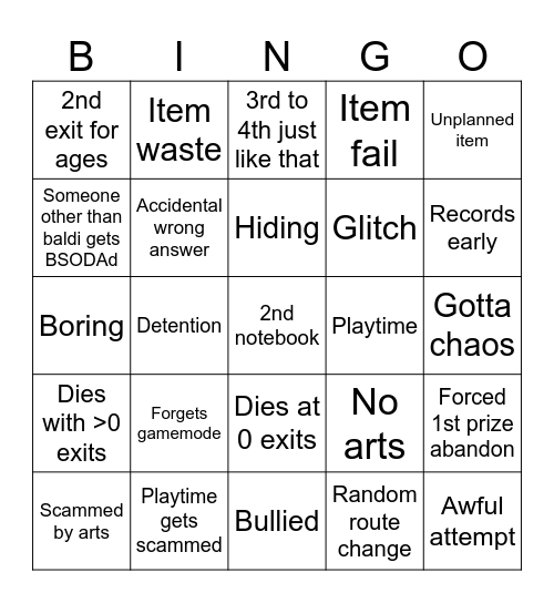 Baldi’s Basics Classic Bingo Card