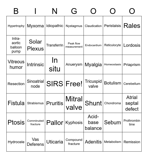 MEDICAL TERMINOLOGY BINGO Card