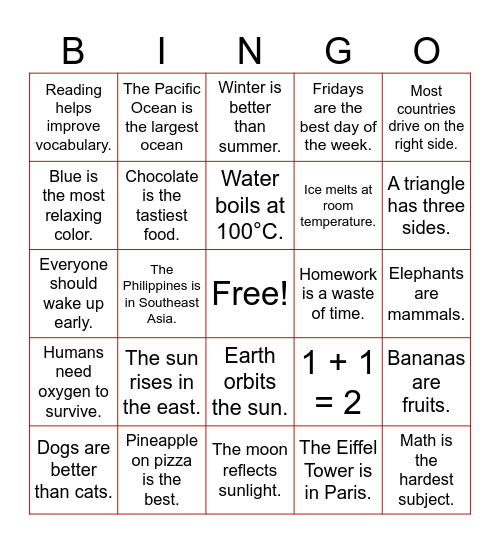 TRUTH or OPINION Bingo Card