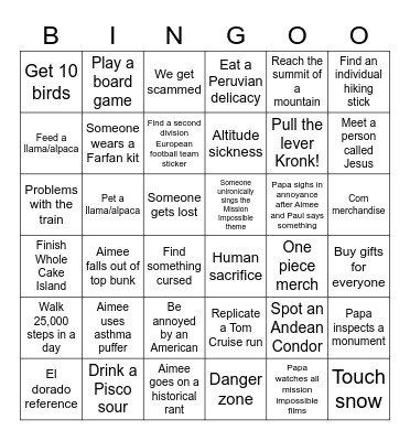 Peruvian Pals Bingo Card