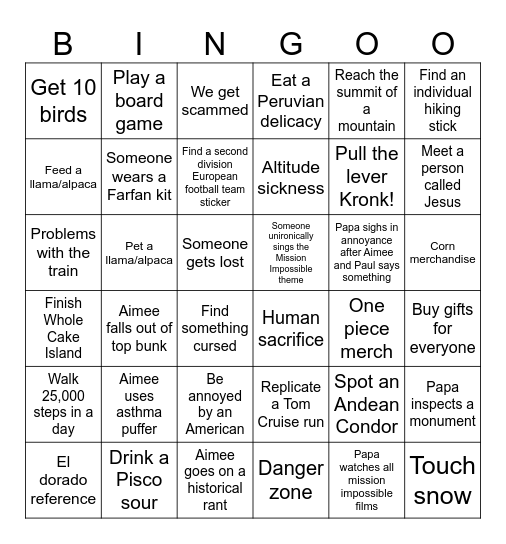 Peruvian Pals Bingo Card