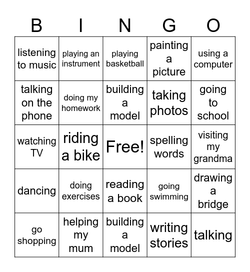 Activities Bingo Card