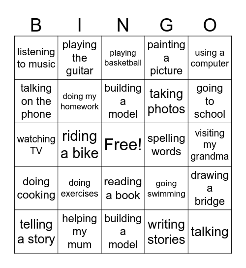 Activities Bingo Card