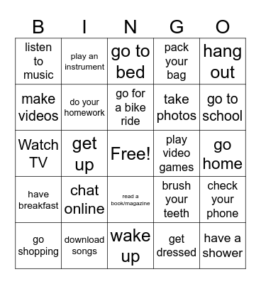 Activities Bingo Card