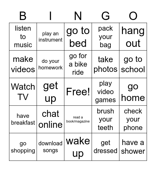 Activities Bingo Card