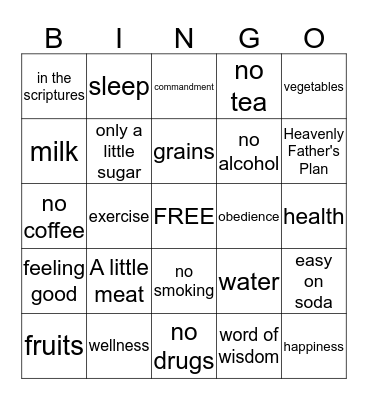 Word of Wisdom Bingo Card