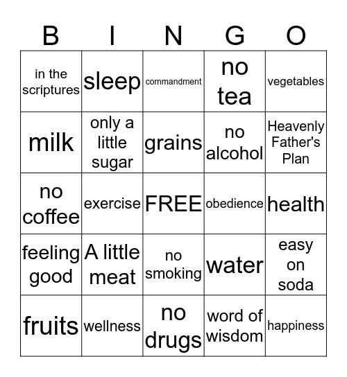 Word of Wisdom Bingo Card