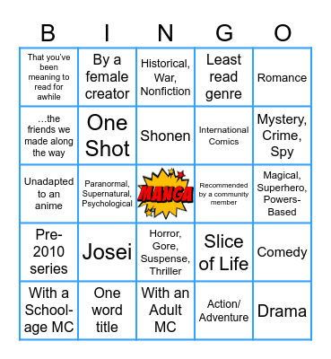 Summer Reading Manga Challenge Bingo Card