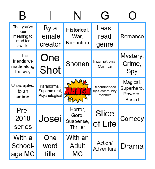 Summer Reading Manga Challenge Bingo Card