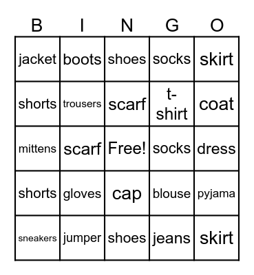 CLOTHES Bingo Card