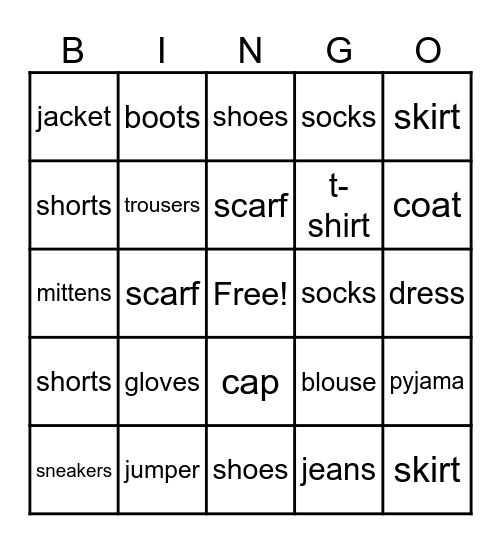 CLOTHES Bingo Card