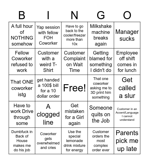 7 hour shift at zaxby's bingo Card