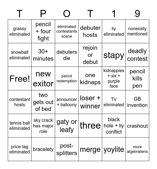TPOT 19 Bingo Card