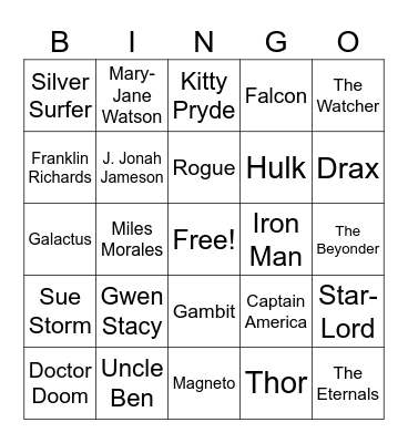 Marvel Superhero Bingo Card