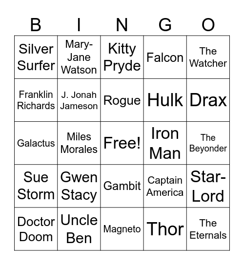Marvel Superhero Bingo Card