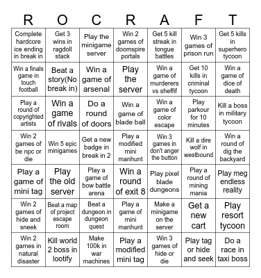 Roblox games Bingo Card