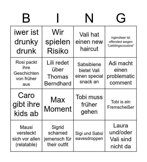 Family Time Bingo Card