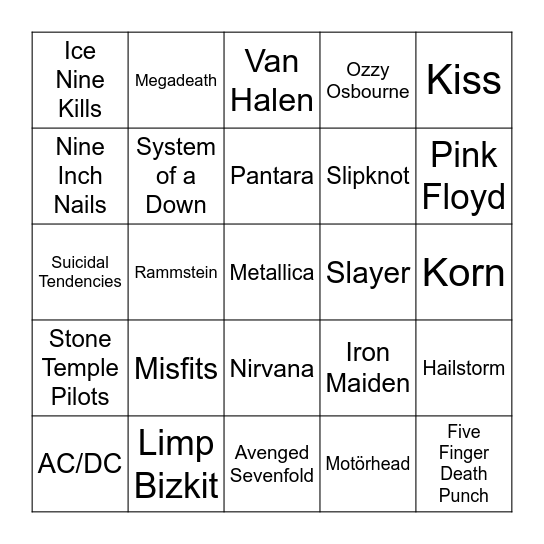 Rock Band Bingo Card